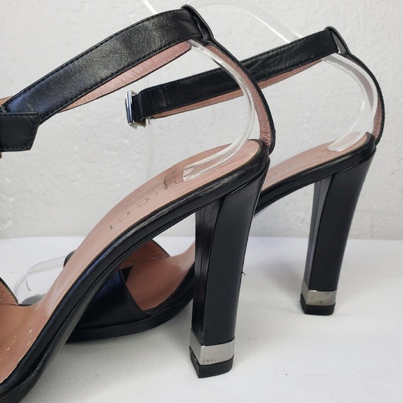 GUCCI Size 7.5 Black Leather Ankle Strap Heel Logo Plate Open Toe Sandals Shoes - Picture 7 of 13